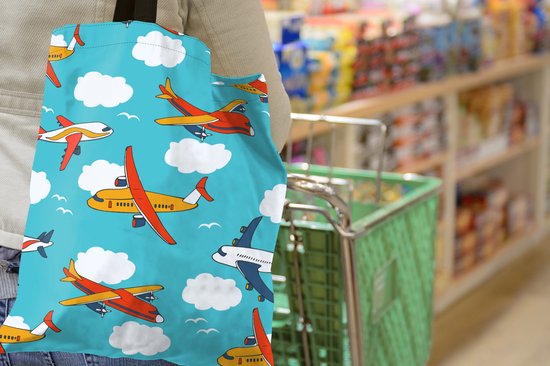 MuchoWow® Schoudertas - Strandtas - Big Shopper - Boodschappentas - Patronen - Vliegtuig - Wolk - Lucht - Jongen - Kindje - Kinderen - Kids - 40x50 cm - Katoenen tas