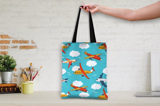 MuchoWow® Schoudertas - Strandtas - Big Shopper - Boodschappentas - Patronen - Vliegtuig - Wolk - Lucht - Jongen - Kindje - Kinderen - Kids - 40x50 cm - Katoenen tas
