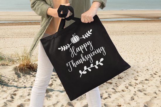 MuchoWow® Sac bandoulière - Sac de plage - Big Shopper - Sac shopping - Citation "Happy Thanksgiving" décoration murale vacances blanc sur noir - 40x40 cm - Sac en coton
