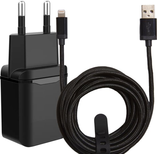 USB Stekker Set - Geschikt voor Apple iPhone - Oplader met Kabel 3 Meter - Zwart - 12W Power Adapter Lader