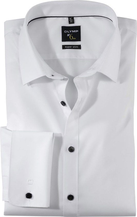 OLYMP No. Six super slim fit overhemd - dubbele manchet - wit met zwarte knoopjes - Strijkvriendelijk - Boordmaat: 42