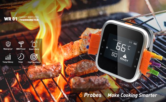 AidMax - BBQ thermometer - Vleesthermometer BBQ - 6 sondes – Bluetooth met App - Waterbestendig – Incl. Batterijen - Geleverd met 4 sondes - AidMax