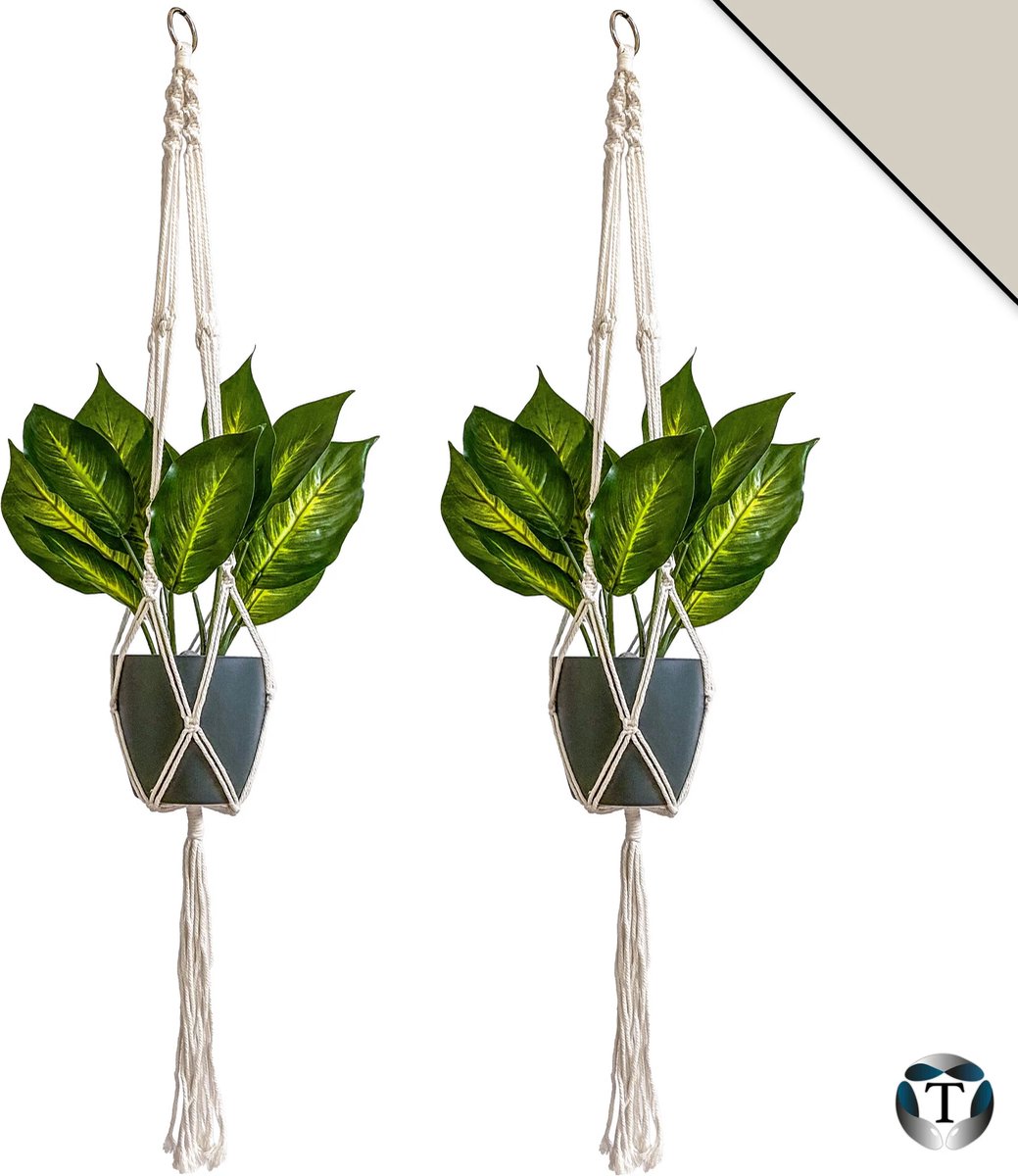 Luxe Plantenhangers | Beige | Set van 2 stuks | 100 cm | 100% Katoen | Handgemaakt | Macramé | Plantenpot Ophangen | Binnen & Buiten | Planten | TheOldOmen |