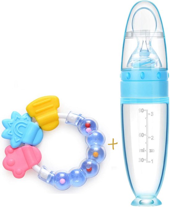 Babyflesje - Biberoia® Knijpfles met lepel - Bijtring - Rammelaar - Baby - Kinderbestek - Baby speelgoed - Blauw
