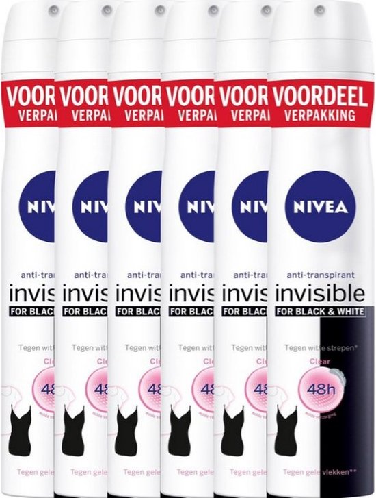 NIVEA Invisible For Black & White Clear 6 x 150 ml Voordeelverpakking Deodorant Spray