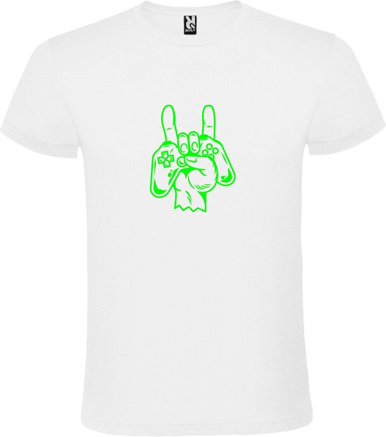 Wit T shirt met print van " Gamecontroller in Hand " print Groen size L