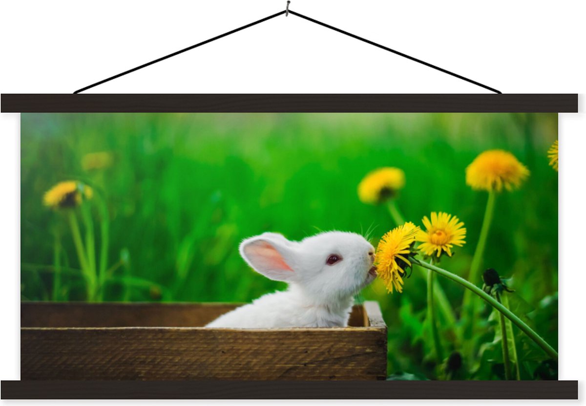 Posterhanger incl. Poster 150x75 cm - Schoolplaat - Konijn - Paardenbloem - Gras - Textielposter - Zwarte latten
