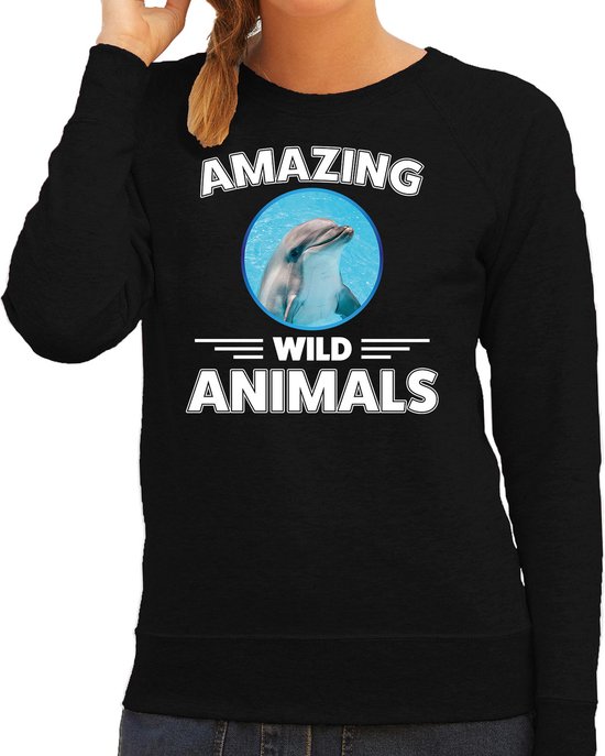 Sweater dolfijn - zwart - dames - amazing wild animals - cadeau trui dolfijn / dolfijnen liefhebber