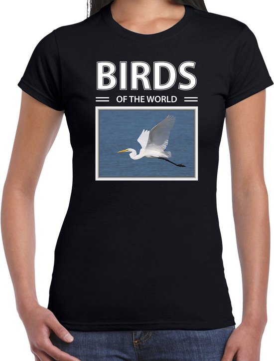 Dieren foto t-shirt Zilverreiger - zwart - dames - birds of the world - cadeau shirt Zilverreigers liefhebber XL