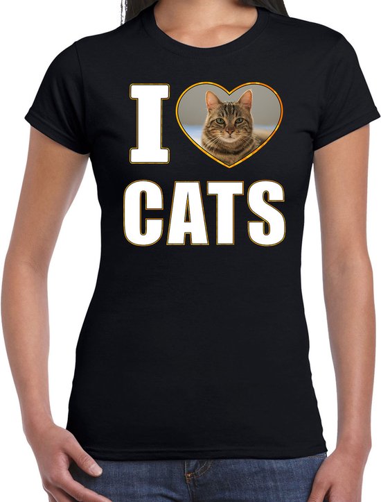 I love cats t-shirt met dieren foto van een bruine kat zwart voor dames - cadeau shirt katten liefhebber XS