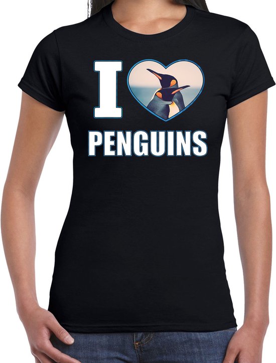 I love penguins t-shirt met dieren foto van een pinguin zwart voor dames - cadeau shirt pinguins liefhebber XL