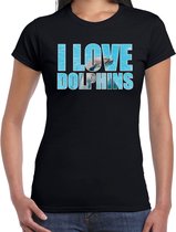 Tekst shirt I love dolphins met dieren foto van een dolfijn zwart voor dames - cadeau t-shirt dolfijnen liefhebber XS