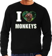 I love monkeys trui met dieren foto van een Orang oetan aap zwart voor heren - cadeau sweater apen liefhebber L