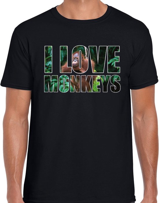 Tekst shirt I love monkeys met dieren foto van een orang oetan aap zwart voor heren - cadeau t-shirt apen liefhebber L