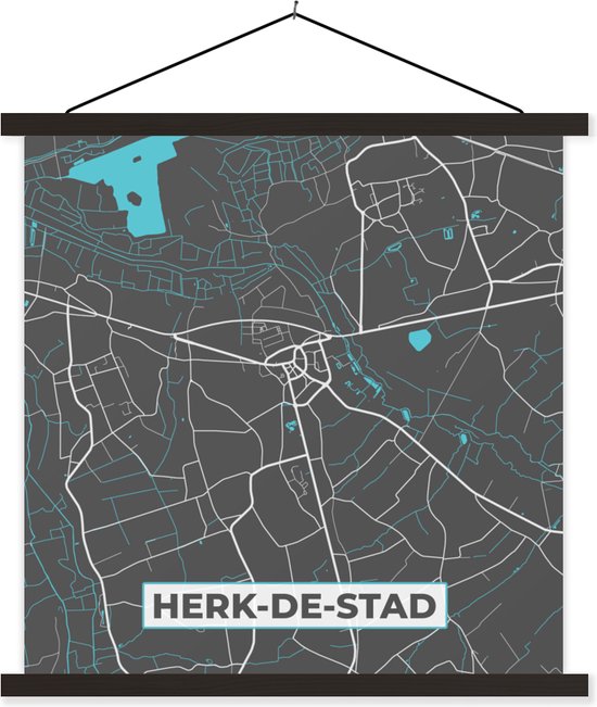 Porte-affiche avec affiche - Affiche scolaire - Carte - Plan d'étage - Plan de la ville - Herk de Stad - België - Grijs - 90x90 cm - Lattes noires