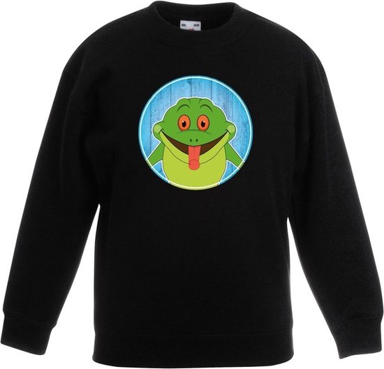 Kinder sweater zwart met vrolijke kikker print - kikkers trui - kinderkleding / kleding 122/128