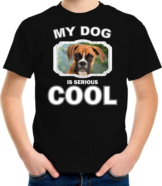 Boxer honden t-shirt my dog is serious cool zwart - kinderen - Boxer liefhebber cadeau shirt - kinderkleding / kleding 122/128