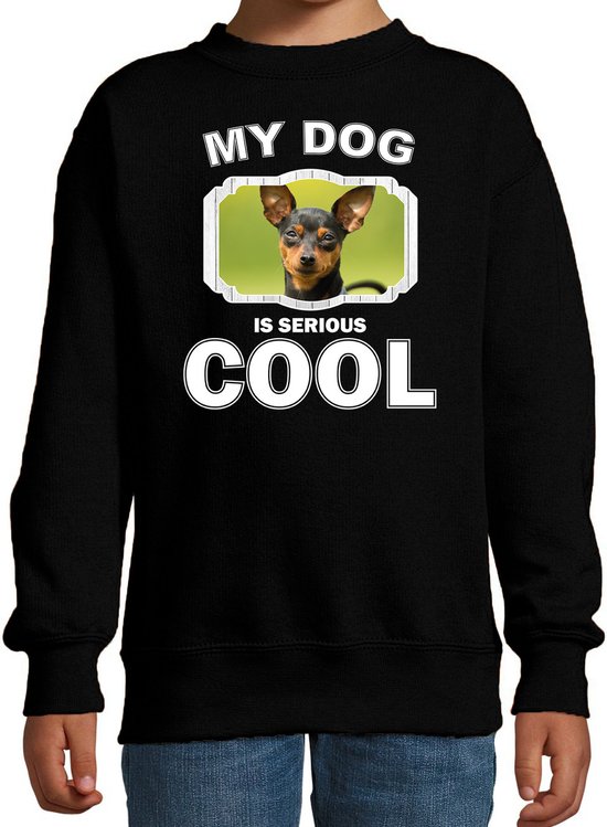 Dwergpinscher honden trui / sweater my dog is serious cool zwart - kinderen - Dwergpinschers liefhebber cadeau sweaters - kinderkleding / kleding 134/146