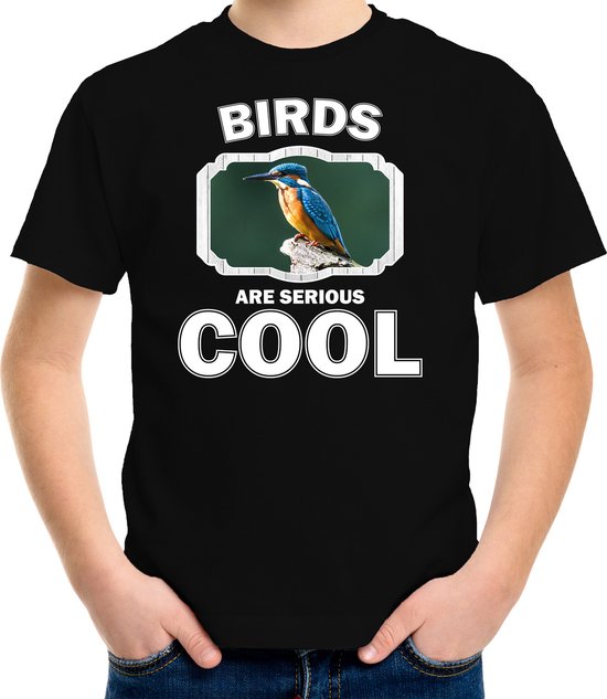 Dieren vogels t-shirt zwart kinderen - birds are serious cool shirt  jongens/ meisjes - cadeau shirt ijsvogel zittend/ vogels liefhebber - kinderkleding / kleding 146/152