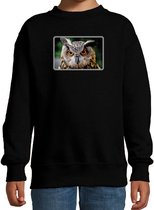 Dieren sweater met uilen foto - zwart - voor kinderen - Oehoe uil cadeau trui - sweat shirt / kleding 134/146