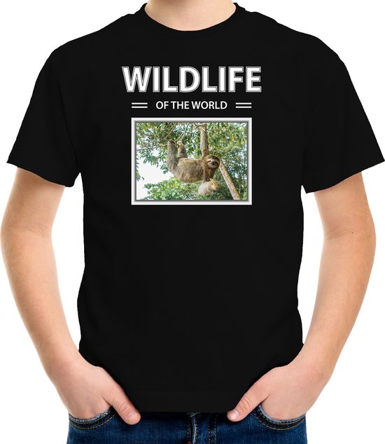 Dieren foto t-shirt Luiaard - zwart - kinderen - wildlife of the world - cadeau shirt Luiaarden liefhebber - kinderkleding / kleding 158/164