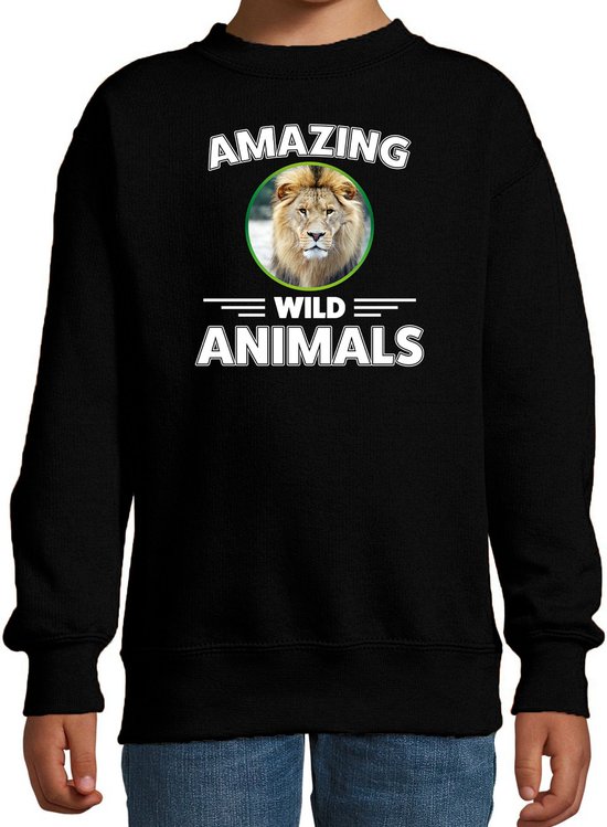 Sweater leeuw - zwart - kinderen - amazing wild animals - cadeau trui leeuw / leeuwen liefhebber 122/128