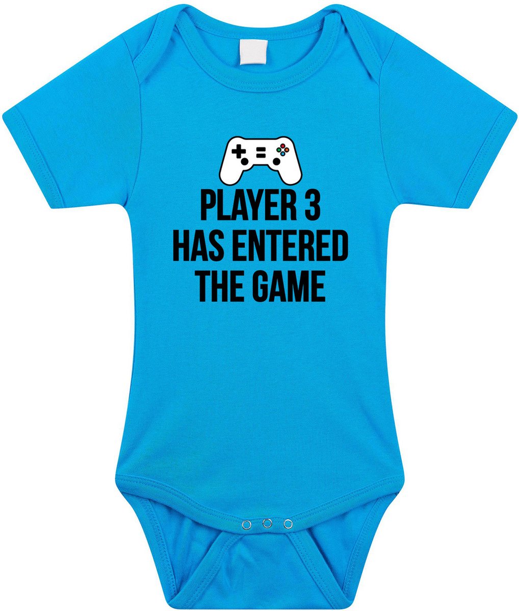 Player 3 entered the game tekst - Baby rompertje - blauw - meisjes - Kraamcadeau - Vaderdag cadeau game liefhebber - korte mouwen 80