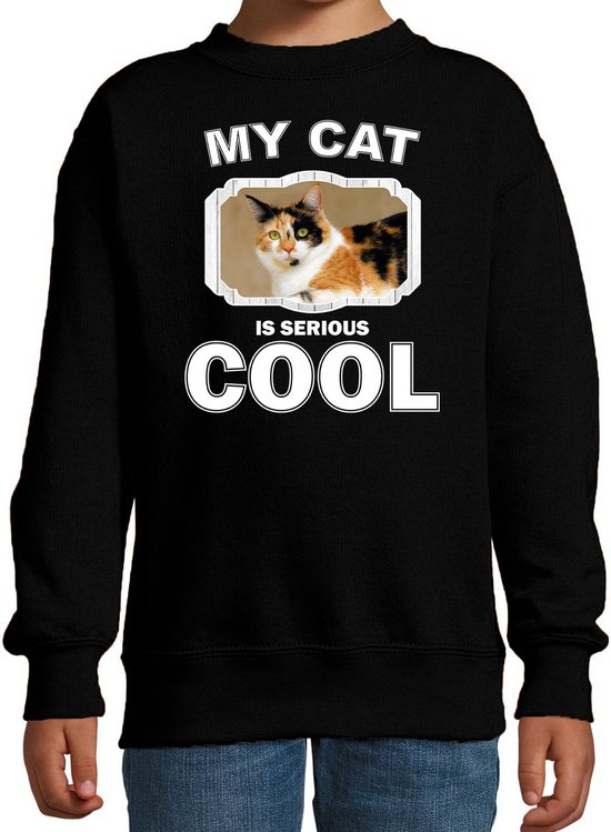 Lapjeskat katten trui / sweater my cat is serious cool zwart - kinderen - katten / poezen liefhebber cadeau sweaters - kinderkleding / kleding 134/146