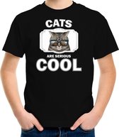 Dieren katten t-shirt zwart kinderen - cats are serious cool shirt jongens/ meisjes - cadeau shirt coole poes/ katten liefhebber - kinderkleding / kleding 146/152