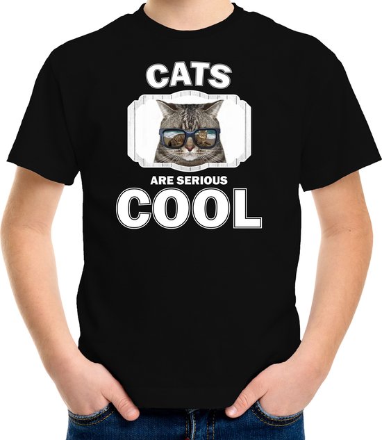 T-shirt Animaux chats noir enfants - les chats sont sérieux chemise cool garçons / filles - chemise cadeau cool chat / amoureux des chats L (146-152)