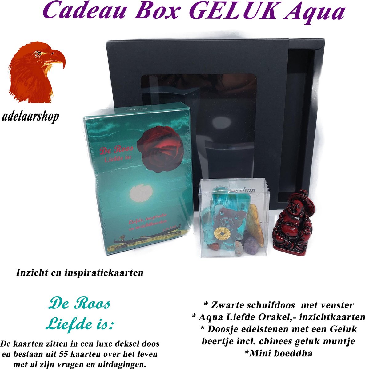 Cadeau box Aqua | Aqua : Orakel en Liefde inzichtkaarten | Cadeau | orakelkaarten | inspiratiekaarten | tarotkaarten | intuïtiekaarten |Liefde | GELUK |Edelsteentjes | Boeddha | A. de Laar | Aqua