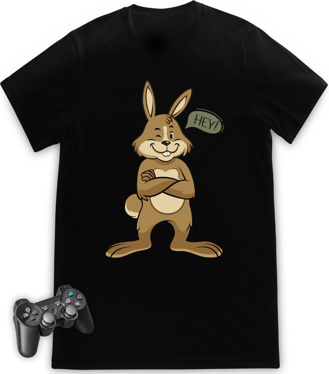 Jongens tshirt met grappig cartoon konijn - Maat 92 t/m 164 - T shirt kleur: zwart.