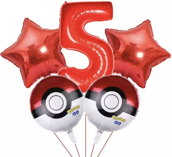 Pokemon feestversiering-Pokemon Ballonnen-Pikachu Ballon-Pokemon Feestpakket-Kinderfeestje Pokemon-Verjaardagsfeest-Ballonnen pakket-Leeftijd ballon 5 jaar-Ballonnen 5 stuks-Pikachu Ballon-Verjaardag jongen Pokemon-Themafeest Pokemon-Pikachu-Pokeball