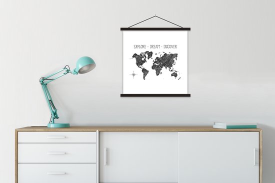 Affiche scolaire - Wereldkaart - Boussole - Citation - 60x60 cm - Lattes noires