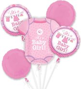 Amscan - Folie ballon boeket - Baby Girl - Meisje - Roze - 5delig - Leeg.