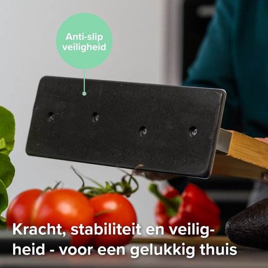 Zwarte anti-slip bodem met gebogen stalen rand. "Kracht, stabiliteit en veiligheid - voor een gelukkig thuis."