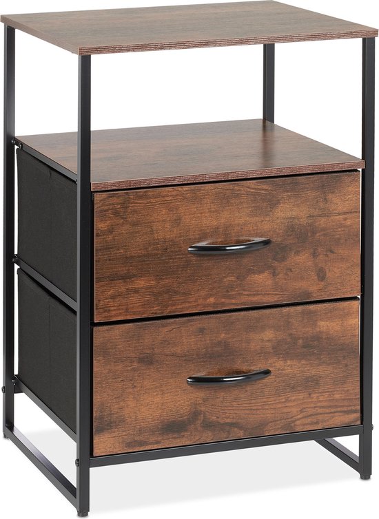 Nachtkastje met houtlook, zwart metalen frame, een plank en twee lades.