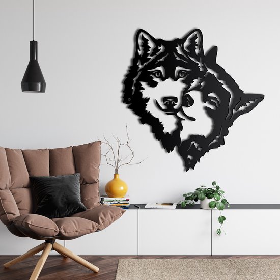 Wanddecoratie | Wolf Hoofd / Wolf Head | Metal - Wall Art | Muurdecoratie | Woonkamer | Buiten Decor |Zwart| 58x58cm