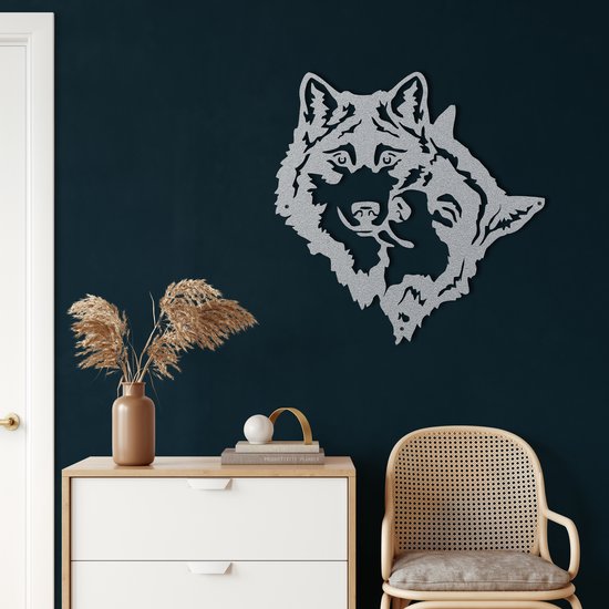 Wanddecoratie | Wolf Hoofd / Wolf Head | Metal - Wall Art | Muurdecoratie | Woonkamer | Buiten Decor |Zilver| 58x58cm