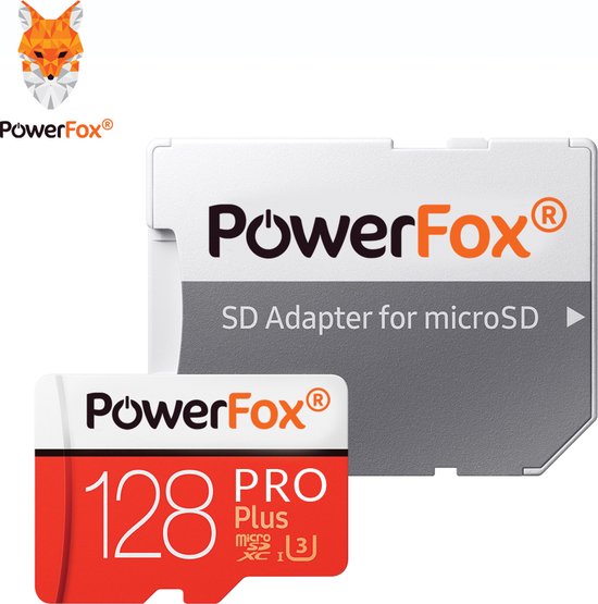 PowerFox 128 PRO Plus Micro SD-kaart met adapter. De kaart is rood en wit met zwarte tekst.