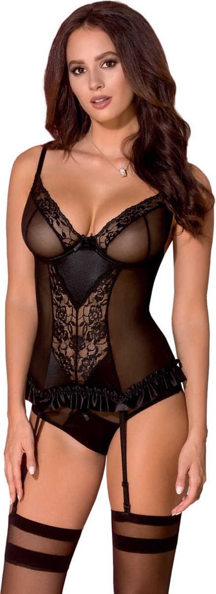 Goedkoopste Avanua Melek Corset - Erotisch Korset - Pikant Semi-Transparant met Gebloemde Kant - Veters op Rug - Zwart - S/M