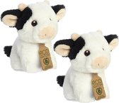 Set van 2x stuks pluche dieren knuffels zwart/witte koeien van 13 cm - Knuffeldieren koeien speelgoed