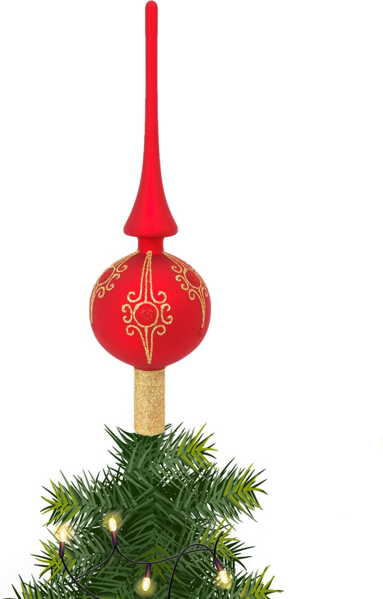 Krebs Kerst piek - 1x - rood - 28 cm - glas - gedecoreerd - kerstboompiek - kerstboom topper