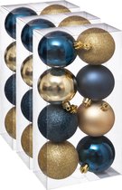 24x stuks kerstballen mix blauw/champagne glans en mat kunststof diameter 7 cm - Kerstboom versiering