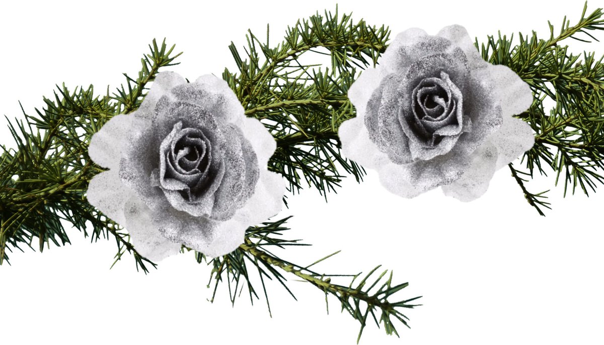 Cosy&Trendy Cosy & Trendy kerstboom bloemen op clip - 2x stuks - zilver wit - kunststof - 18 cm