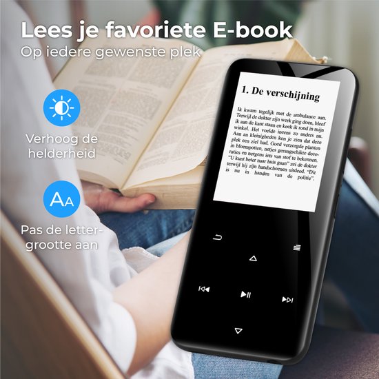 Nuvance, MP3 Speler met Touchscreen en Bluetooth, Incl. Oordopjes en 8GB SD Kaart, met Clip, Voice Recorder Digitaal, met FM Radio, MP4 speler, Zwart