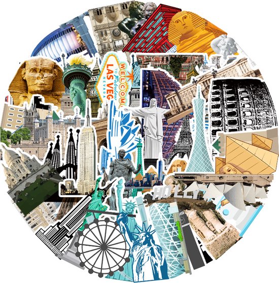 Foto: 64 landmark stickers reizen piramides eiffeltoren vrijheidsbeeld toren van pisa