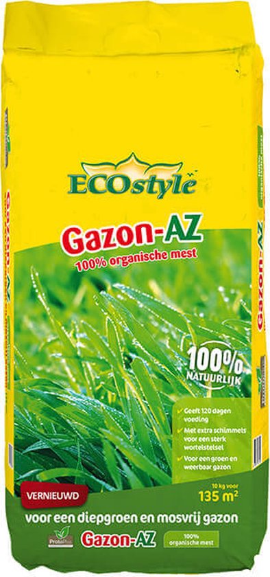 ECOstyle Gazon AZ Organische Gazonmest – Voor Diepgroen en Sterk Gazon – Geeft tot 120 dagen Voeding – Werkt tegen Mos - 135 M² - 10 KG