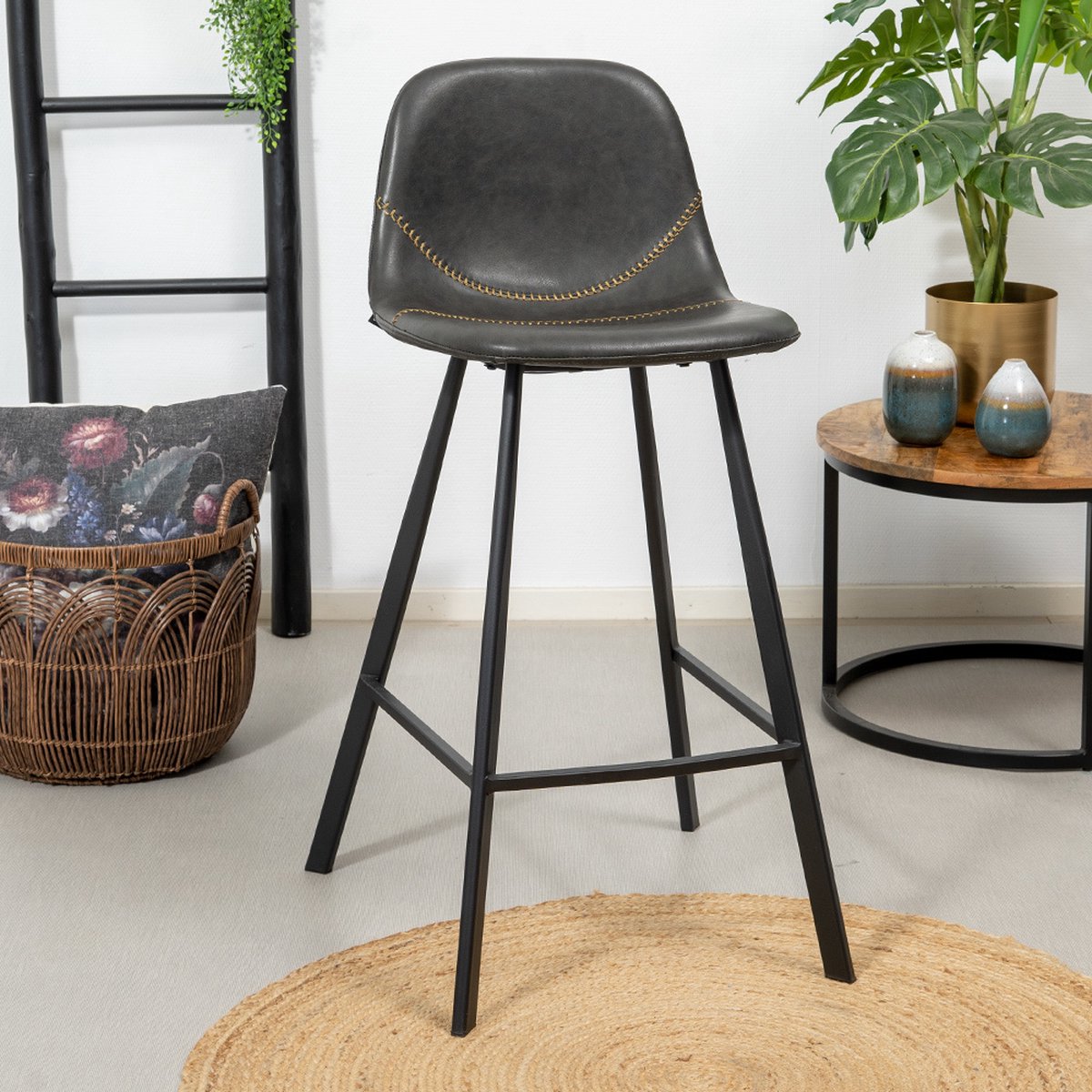 Bronx71 Industriële barkruk Logan antraciet eco-leer 70 cm - barstoel