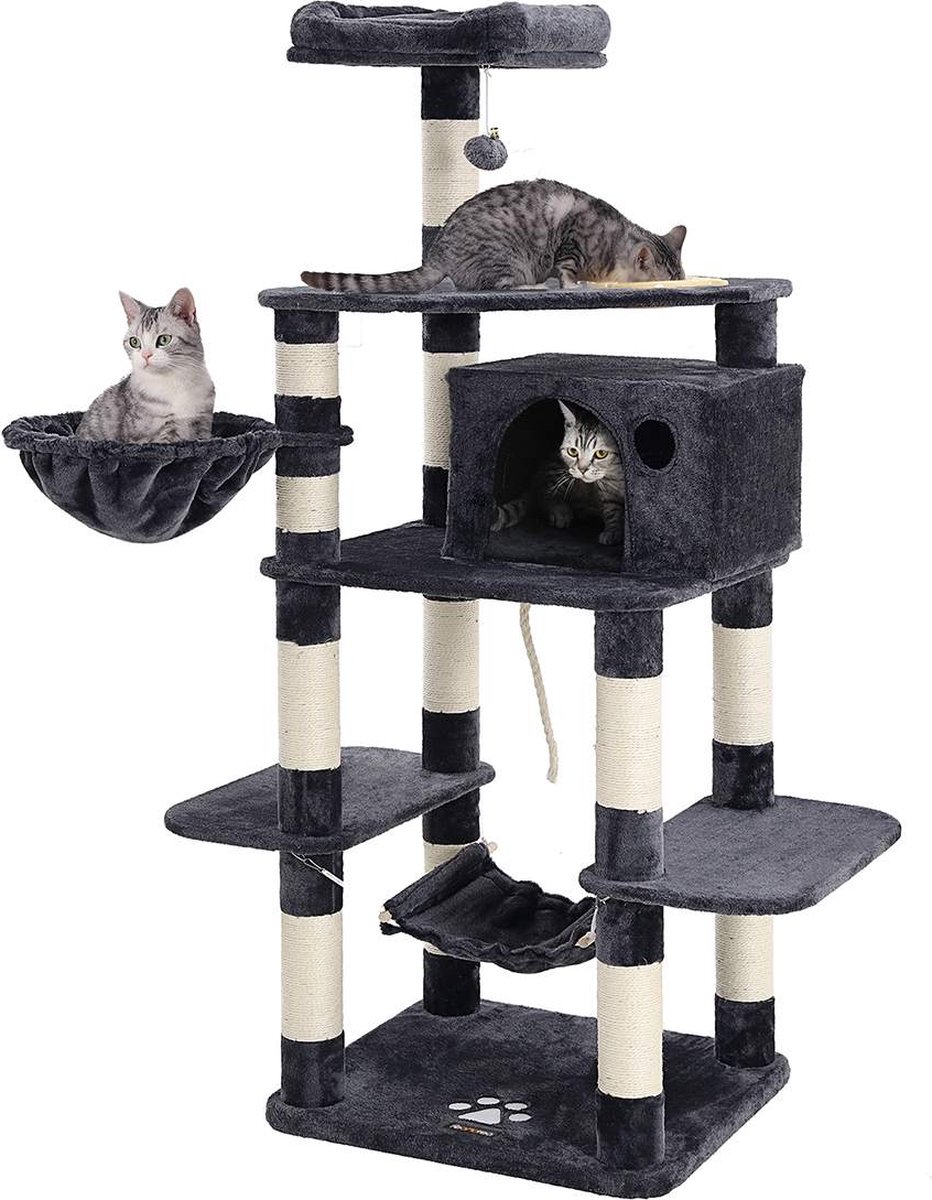 Signature Home multipurpose krabpaal - Krabpaal met kattenbak - met mand en grot - klimboom voor katten 164 cm hoog - rookgrijs